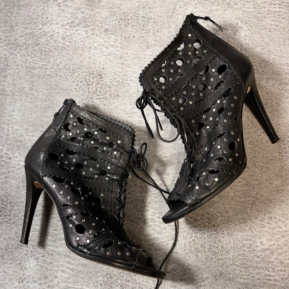 Black Lace Up Silver Stud Peep Toe Heels